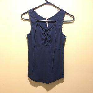 Free People M Tank top navy blue string v neck